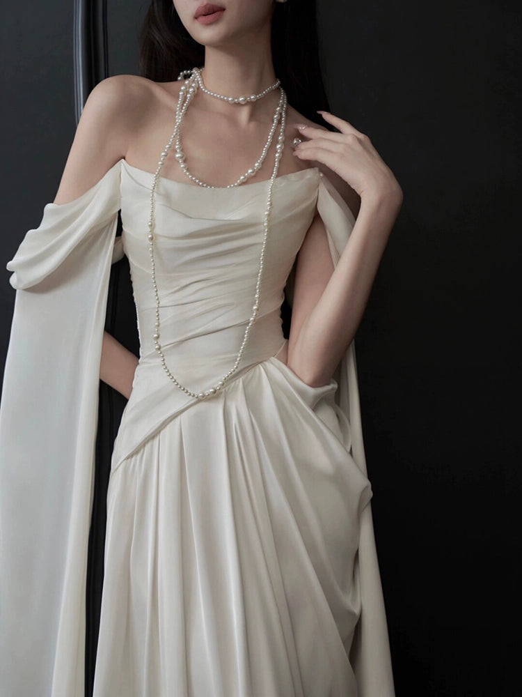 One-word shoulder satin light wedding dress bridal high sense super fairy welcome out yarn temperament light luxury bridal engagement dress