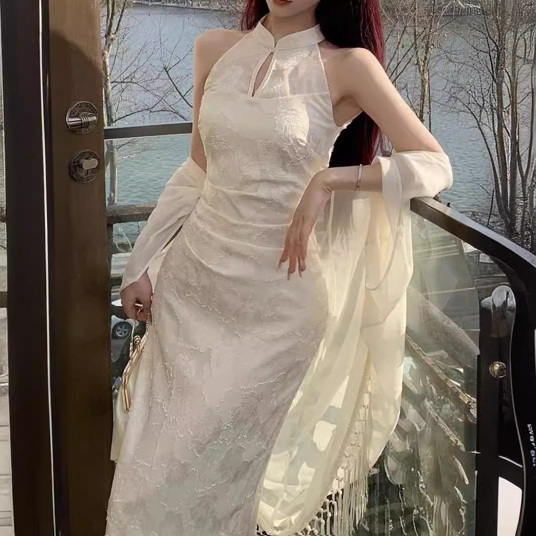2025 Spring and summer new Chinese suit dress women's cold sense retro improved cheongsam white long dress bat sleeve cardigan