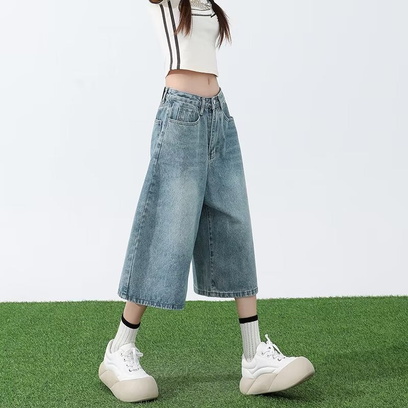 Light Blue Cropped Jeans Women's Summer Thin 2025 New High Waist Slimming and Straight Loose Cropped Wide Leg Pants