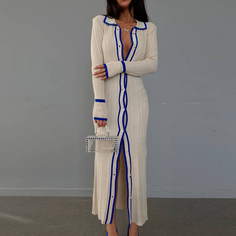 2025 New new products slim lapel splicing women's long-sleeved cardigan dress