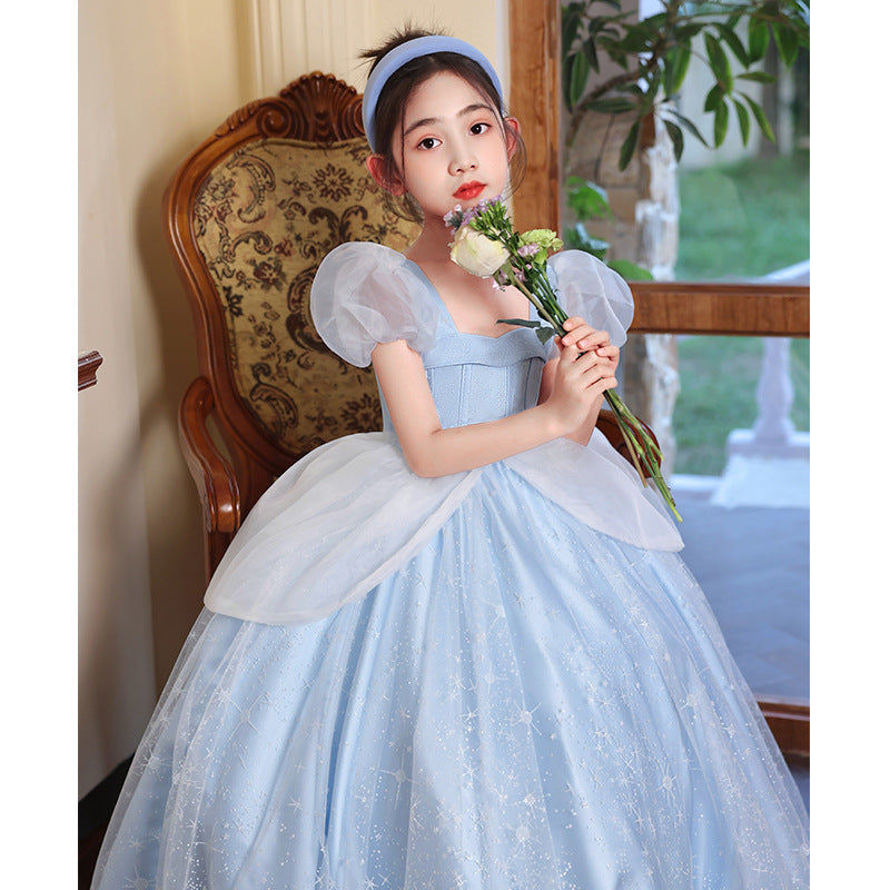 ZllKl Children's Dress Princess Dress High-End Birthday Blue Dress Western Style Girl Host Piano Playing Flower Girl Light Luxury
