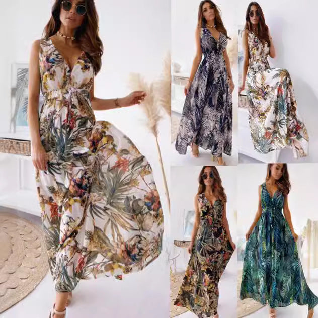 Zllk European and American Foreign Trade Independent Station Hot Summer New Printed Lace up Dress Women's Clothing