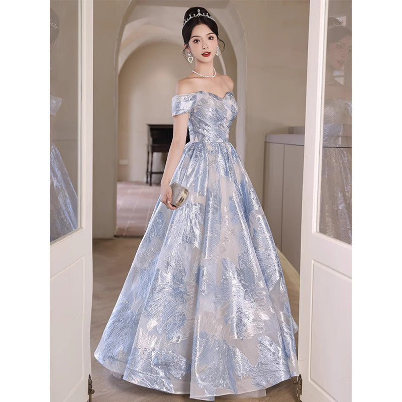 2025 one-word shoulder evening dress 2025 new temperament banquet dress graduation season school party dress
