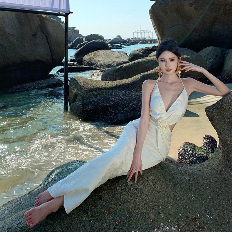 2025 Sexy V-neck halter neck skirt waist seaside vacation dress banquet dress skirt waist temperament long dress