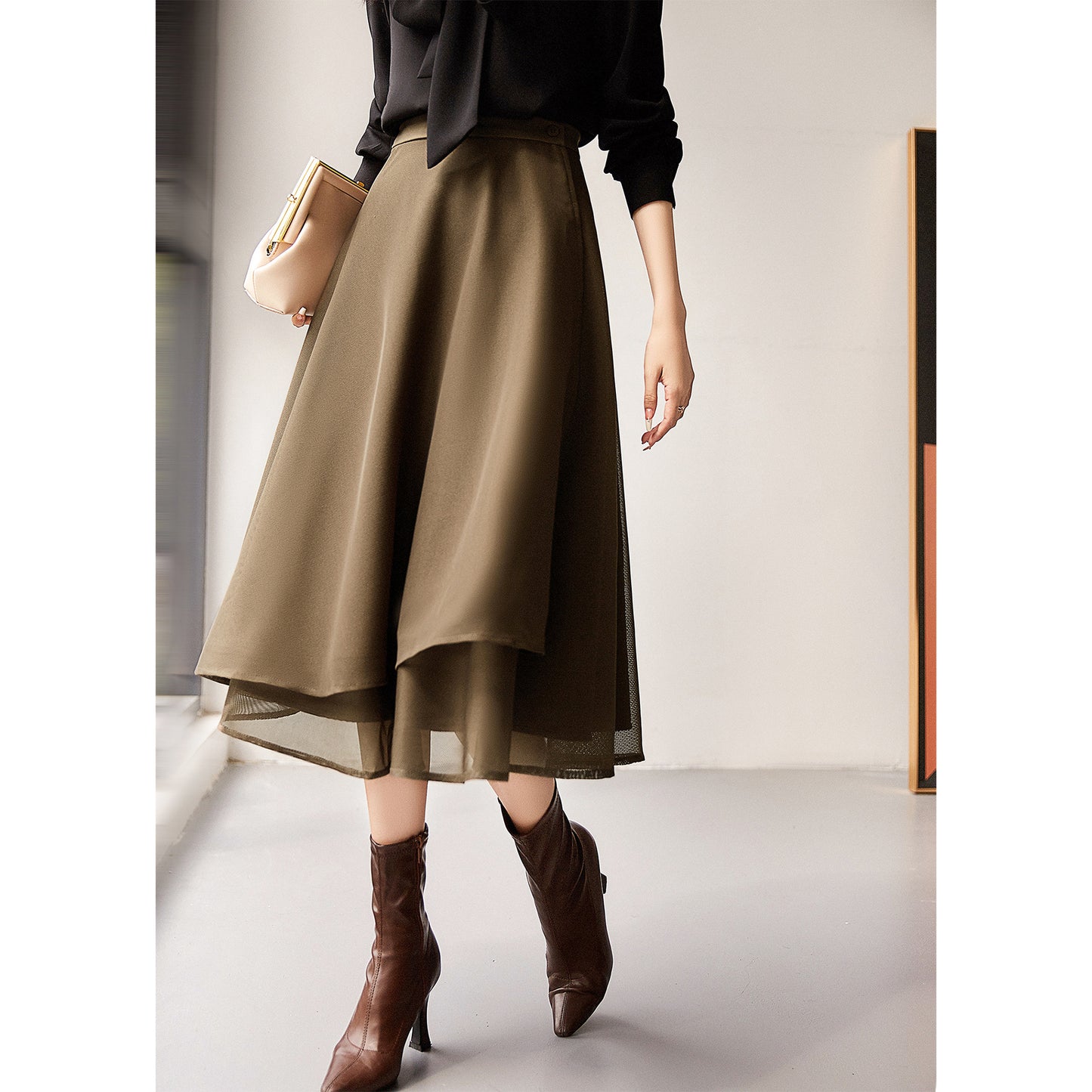2025 Design high-waisted skirt, wrapped double-layer medium and long spring and summer new women's skirt