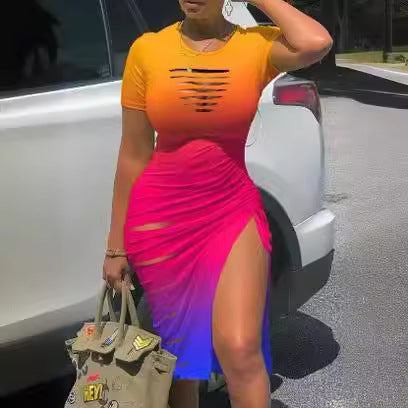 ZllKl European and American Sexy round Neck Short Sleeve Ripped Slit Pleated Dress