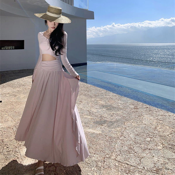 2025 Autumn new long-sleeved pure desire temperament hollow high waist thin folds irregular inner cover bottom dress women