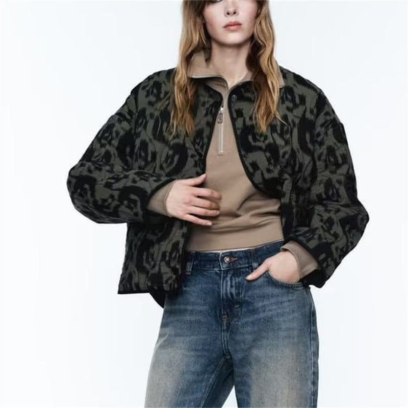 ZA women's A cross-border women's clothing European and American ins style autumn and winter animal pattern printing round neck light cotton jacket women
