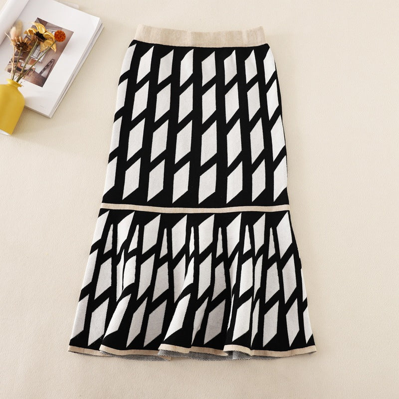 ZllKl Knitted skirt fishtail hip skirt New autumn and winter new high waist medium and long ruffle leaf edge hip covering wool skirt