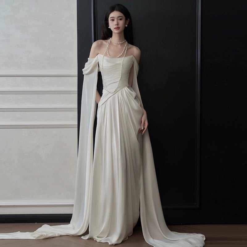 One-word shoulder satin light wedding dress bridal high sense super fairy welcome out yarn temperament light luxury bridal engagement dress