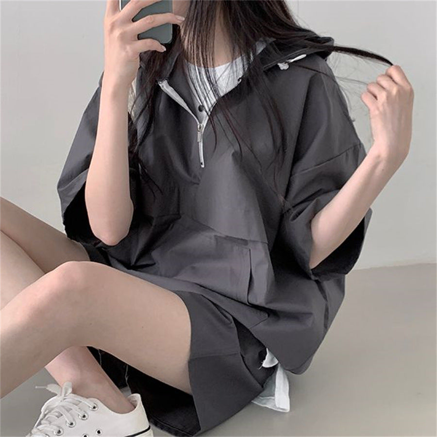 ZLLKL 2025 Korean version of solid color fashion casual short-sleeved suit women's summer new fashion loose hooded sportswear versatile