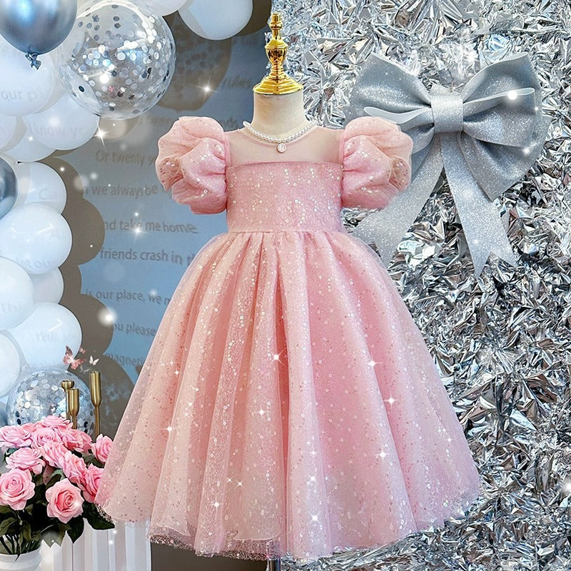 ZllKl Children's Dress New High-End Western Style Girl Bubble Sleeve Princess Dress Heavy Embroidery Sequins Birthday Performance Dress Summer