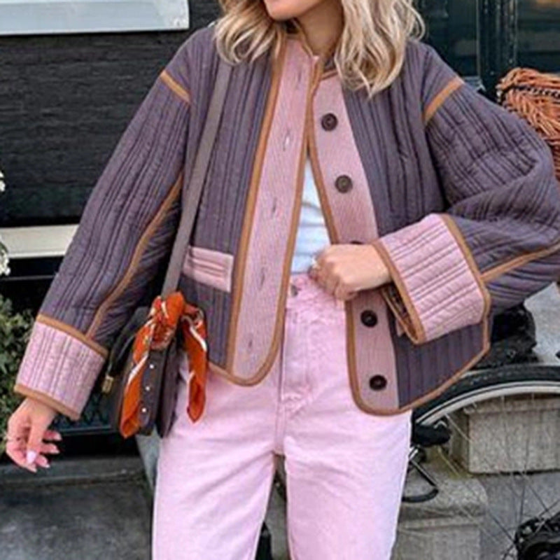 Cross-border 2023 autumn and winter retro printed cotton jacket European and American temperament commuter round neck long sleeve color matching women's cotton-padded clothes