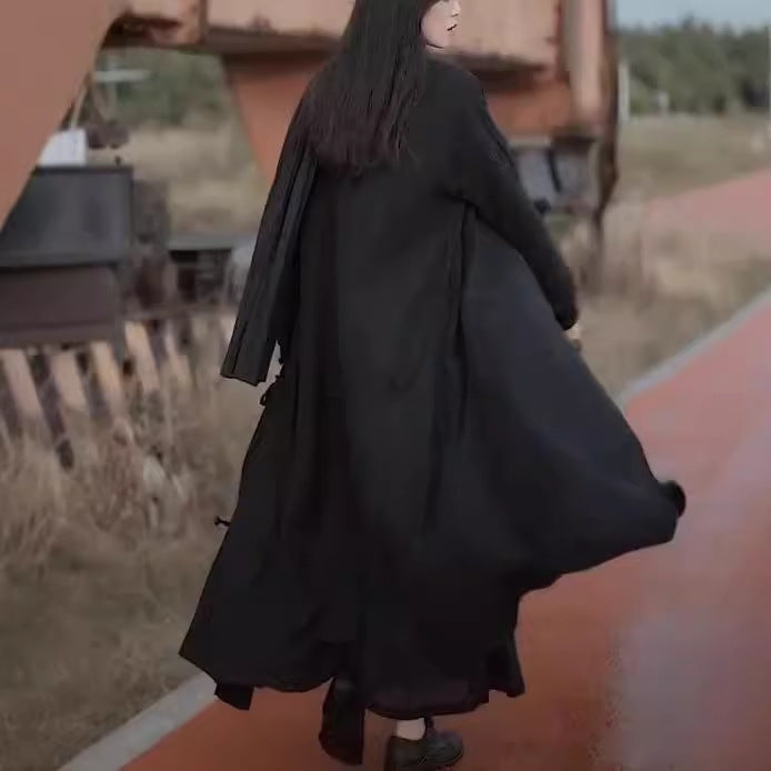 2025 Skirt Autumn Women's Long Sleeve Dress, Black Linen Lace-Up Embroidered Long Skirt Cardigan 20908