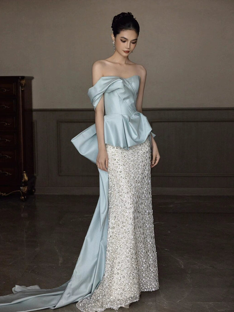 Blue heavy industry evening dress 2025 new temperament tube top sequins high-end fishtail engagement banquet bridal toast dress