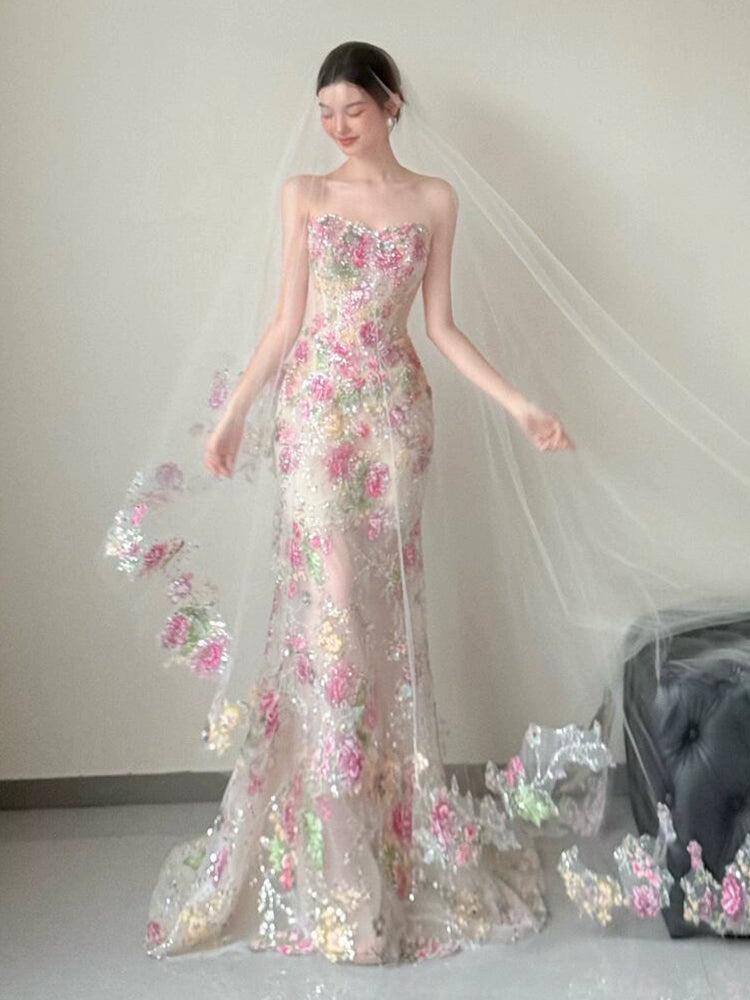 Morning robe female bride tube top high-end super fairy flower sequined fishtail dress temperament light luxury celebrity engagement dress