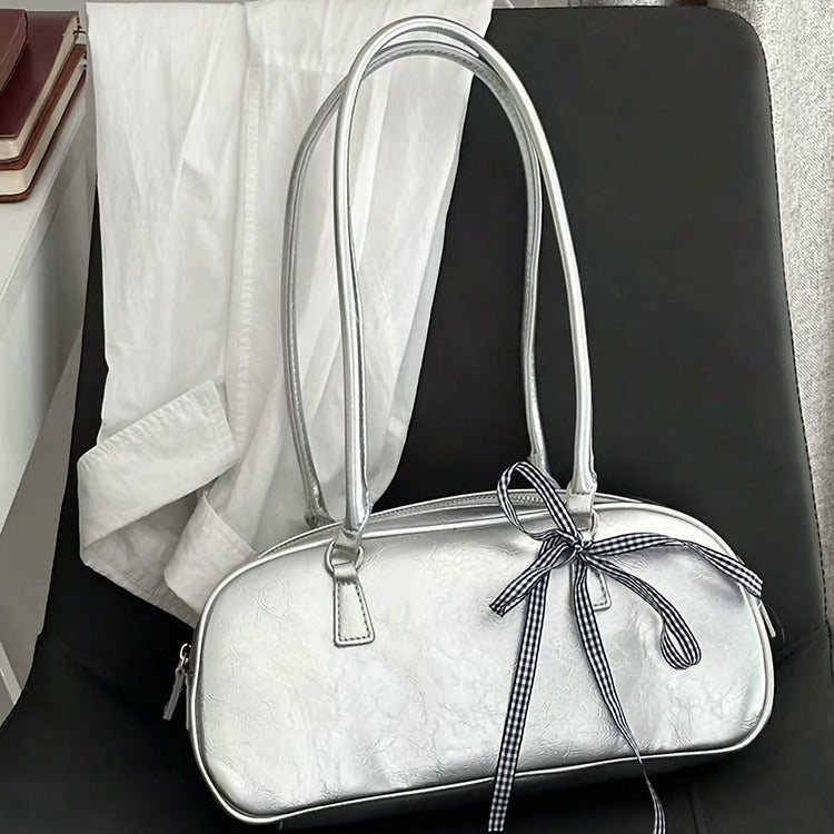 ZLLKL 2025 Korean version of niche ballet style Boston women's bag popular new fashionable versatile silver portable shoulder armpit bag