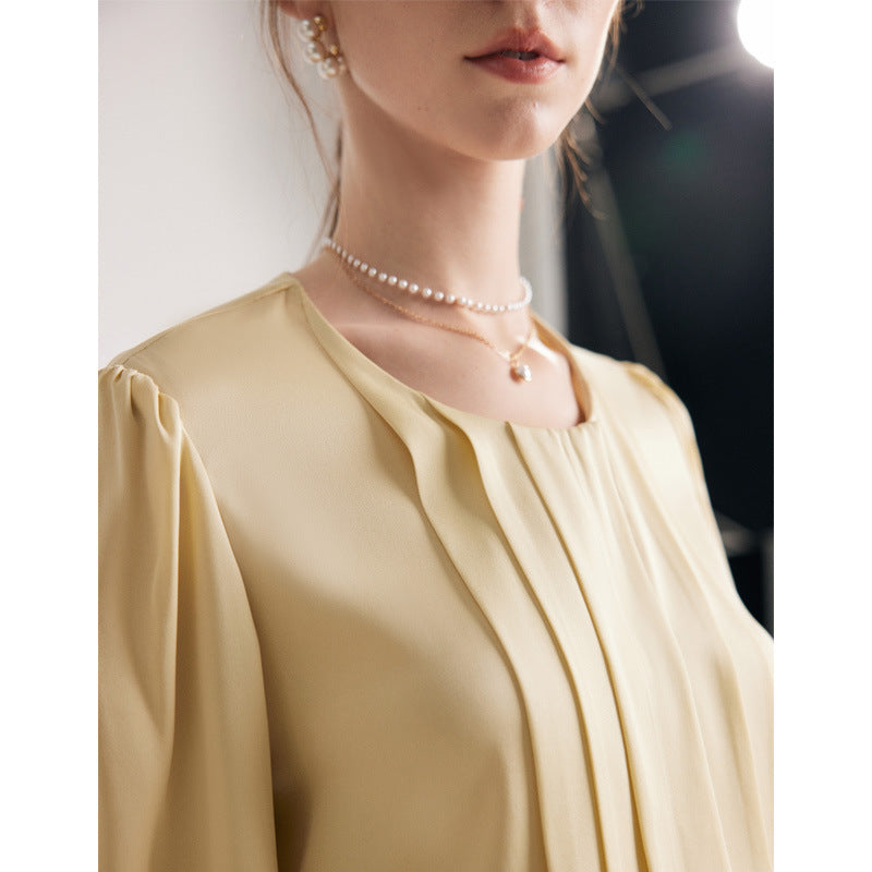 Silk shirt women's popular spring and summer new solid color round neck OL commuting 19 mmi elastic double Joe mulberry silk top
