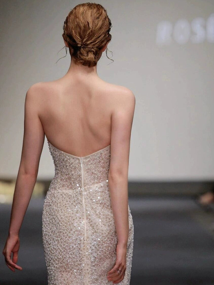 Fishtail tube top evening dress niche light luxury high-end sequin dress temperament celebrity style sexy trailing veil