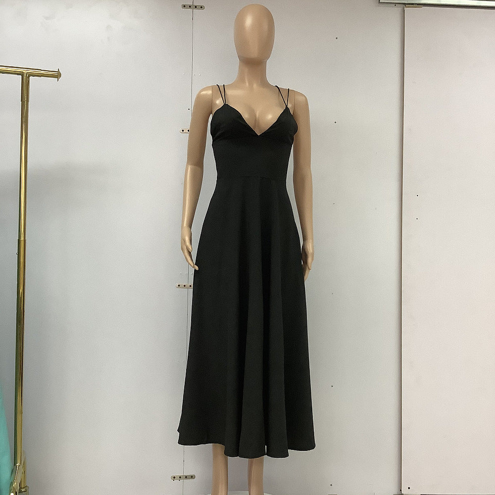 ZllKl Spring/Summer Cross-Border Women's Clothing Solid Color Hepburn Style Strap Dress Tube Top Stitching Midi Dress