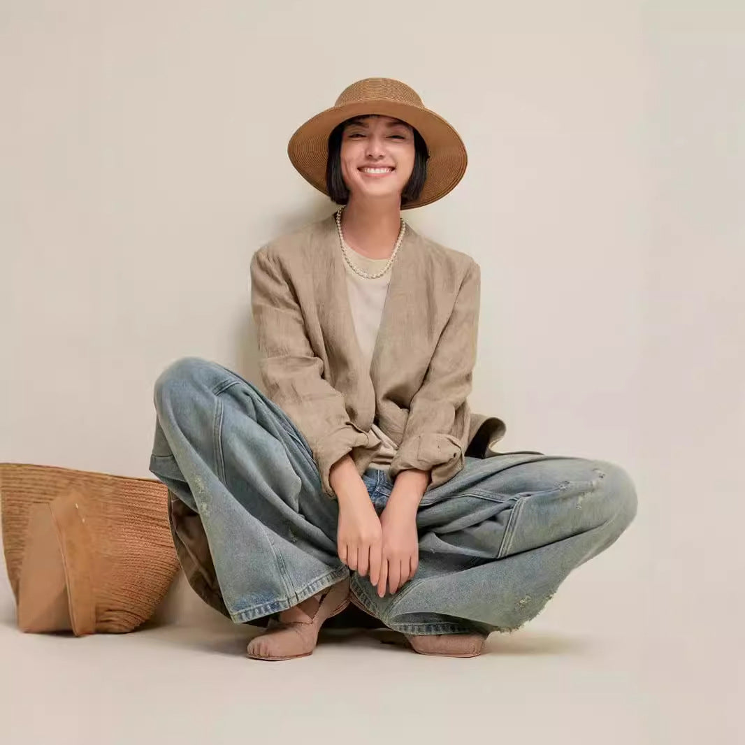2025 spring old money style woven linen thin collarless blazer, casual commuter v-neck top B0741