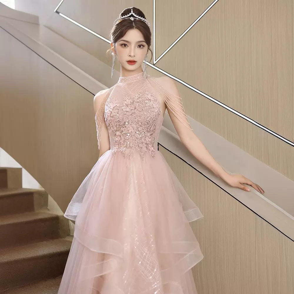 2025 Banquet evening dress dress 2025 new light luxury pink fringed high sense engagement toast dress bridal morning gown dress