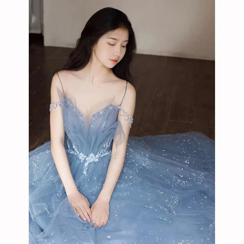 2025 Blue fugitive princess art exam evening dress dress for women 2025 new light luxury host niche bar mitzvah dress