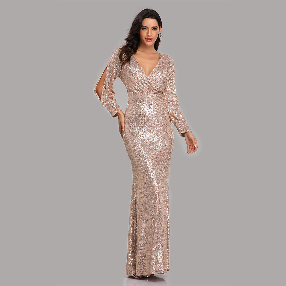 2025 24 New Popular trade dress multi-color large-size long-sleeved V-neck slim-fitting sequined fishtail evening dress women's ball party