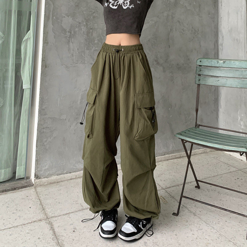 ZllKl Nylon Quick-Drying Overalls Women's Summer New American Parachute Pants High Waist Wide Leg Leisure Drawstring Sports Pants