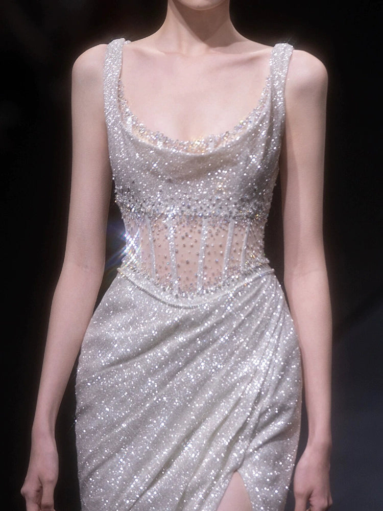 High-end heavy industry evening dress temperament socialite silver light luxury niche suspender sequins sexy engagement fishtail dress