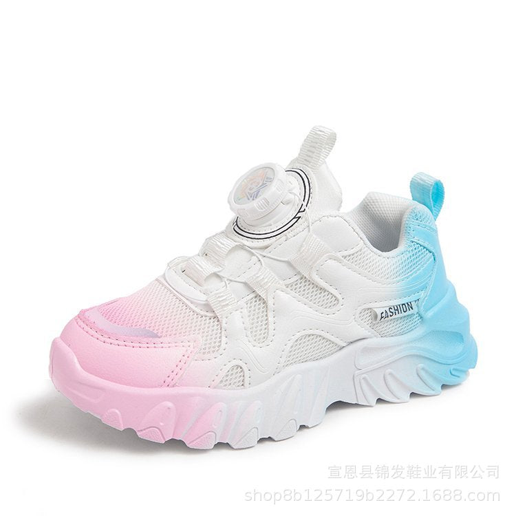 ZllKl Girls' Shoes Rotating Buttoned Shoes Gradient Color Breathable Mesh Surface Dad Shoes White Shoes Medium and Big Children Children Sneaker Tide