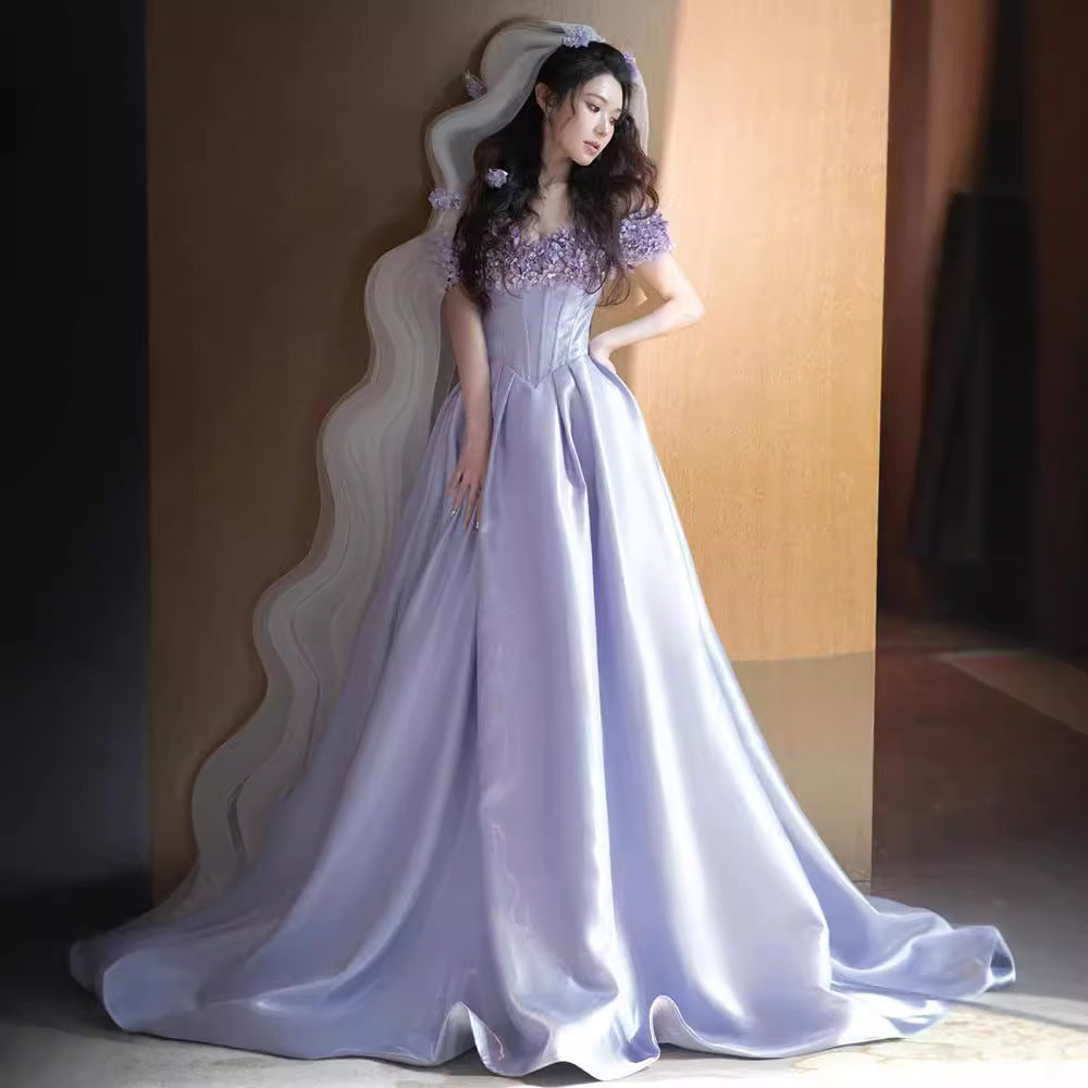 2025 Purple evening dress women's new three-dimensional flower shoulder dance dress host dress