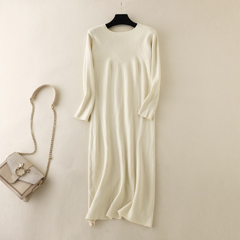 ZllKl Knitted primer dress for women's inner wear, autumn and winter New new round neck medium and long temperament over the knee sweater long dress