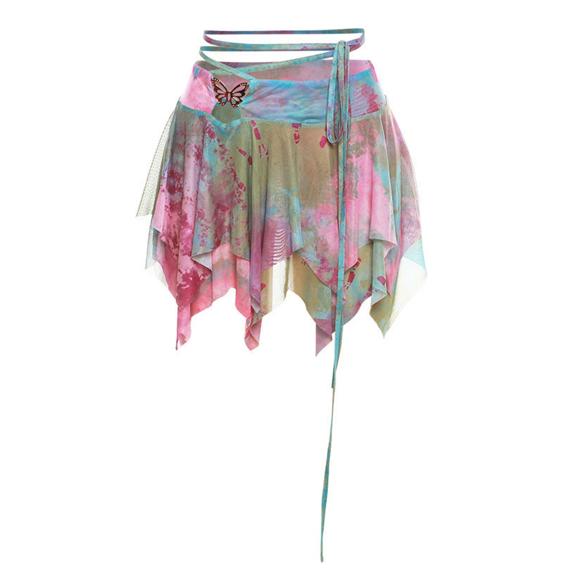 ZllKl European and American Women's Clothing Spring and Summer New Sweet Bell Sleeve Butterfly Print Lace-up Tassel Sexy Cutout Skirt Outfit