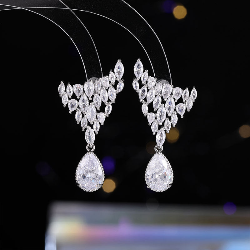 2025 S925 Silver Needle Earrings Wholesale Tide popular New Heavy Industry Design Sense Geometric Triangle Fishtail Water Drop Zircon Earrings