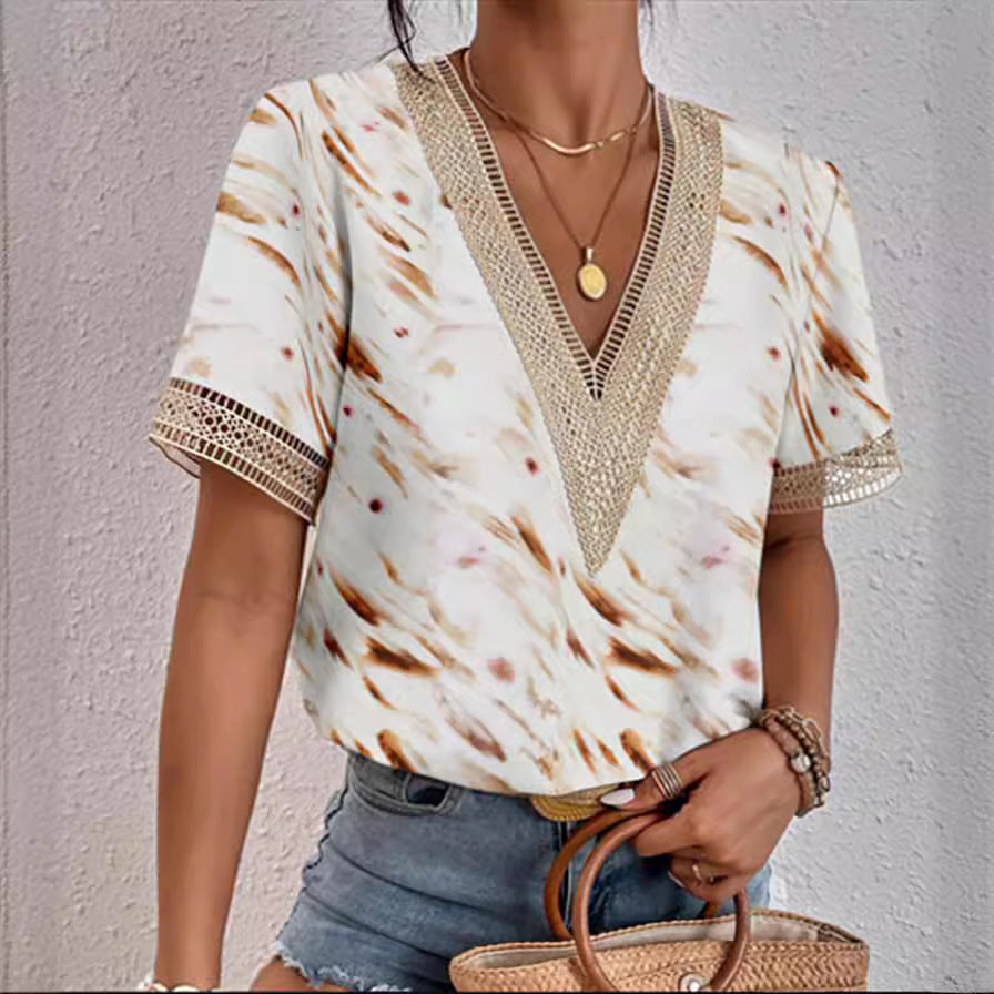 ZllKl Cross-Border EBay Women's Clothing V-neck Lace Loose Top Temperament Commute Short Sleeve Digital Printed T-shirt