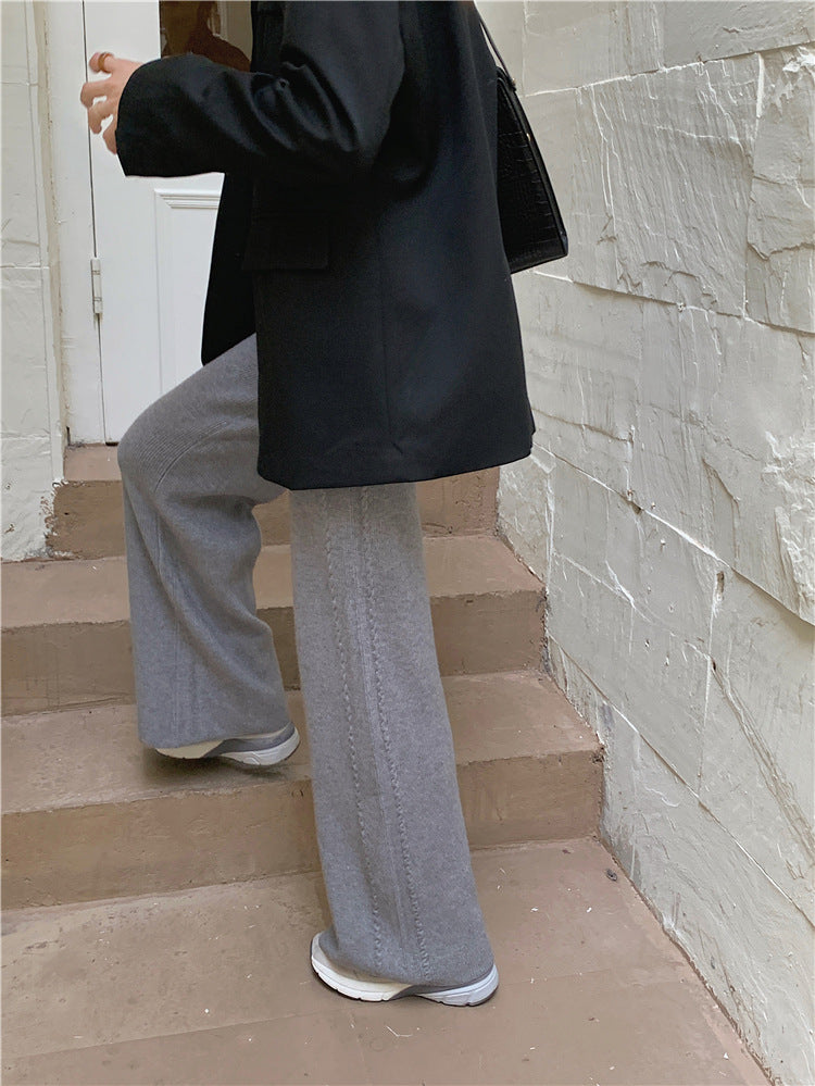 ZllKl Women's Twist-Covering Knitted Wide-Leg Pants Autumn and Winter High Waist Drooping Wool Mop Pants Lengthened Outer Wear Casual Straight Pants