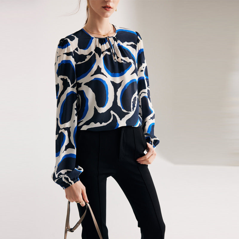 Silk shirt women's spring and summer new double crepe printing round neck pullover commuter printing 100% mulberry silk top