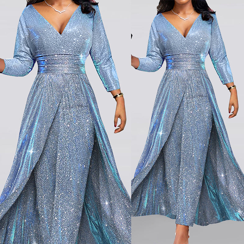 2025 Popular trade banquet dress skirt ins double-sided pendulum sequined large skirt tube top sexy fashion jumpsuit
