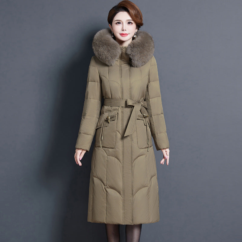2023 new fashionable and foreign medium and long mother thickened winter knee jacket middle-aged white duck down jacket women