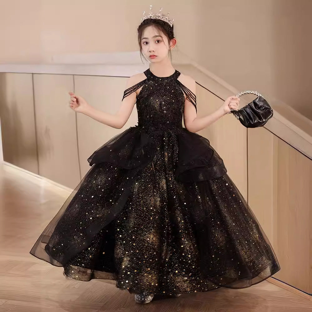 ZllKl Children's Dress Girls Birthday Princess Dress Dresses of Bride Fellow Kids Light Luxury Minority Children Host Piano Performance Pink