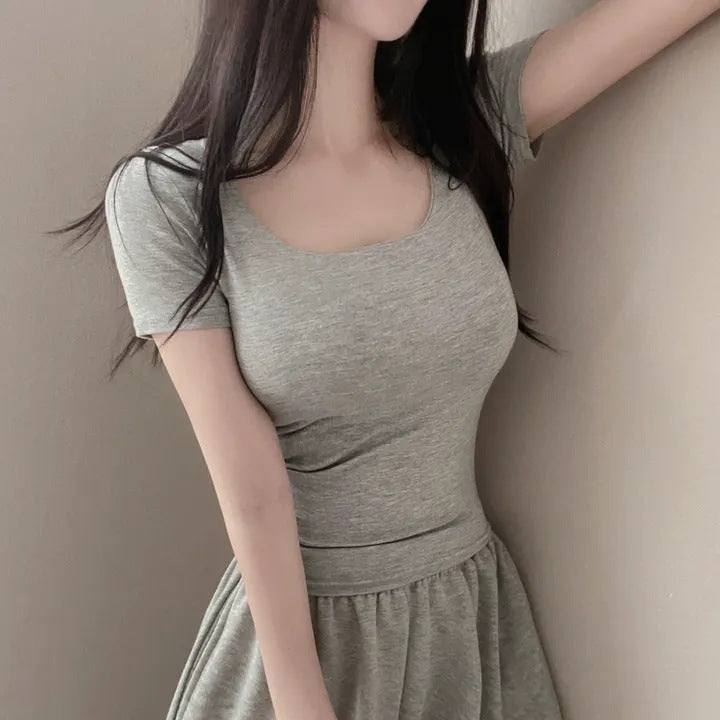 ZLLKL Manufacturer's black basic square neck short-sleeved t-shirt short summer and Korean version pure cotton color base thin slim and thin