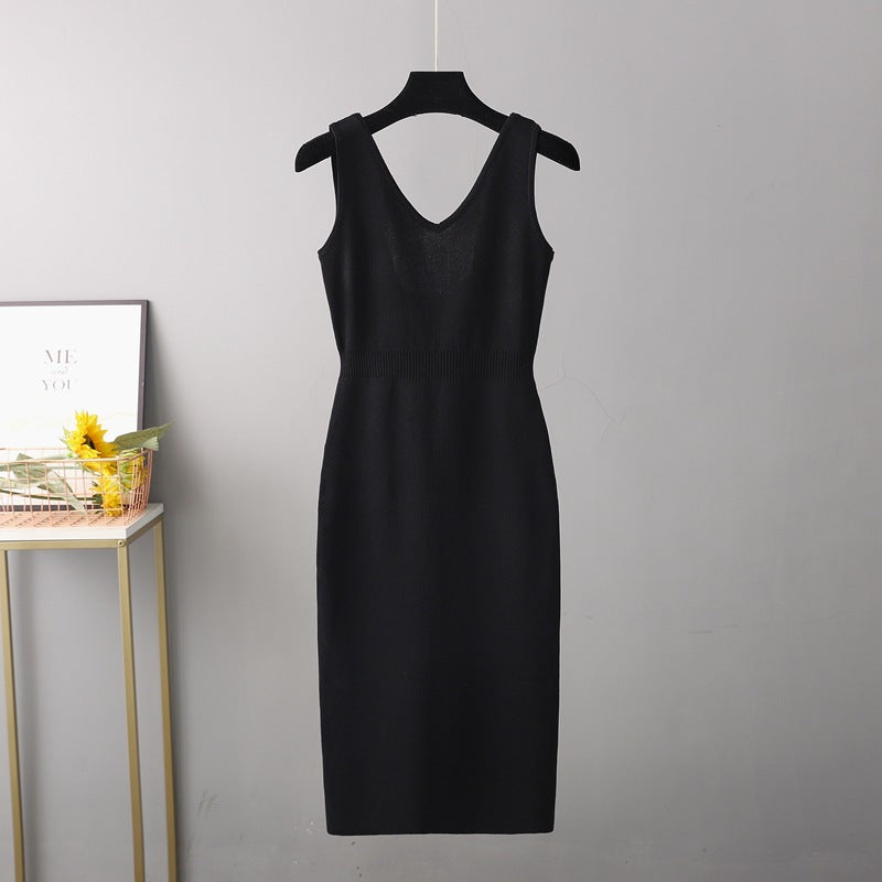 ZllKl retro sexy backless knitted suspender dress high waist and thin split fork medium and long dress women's autumn
