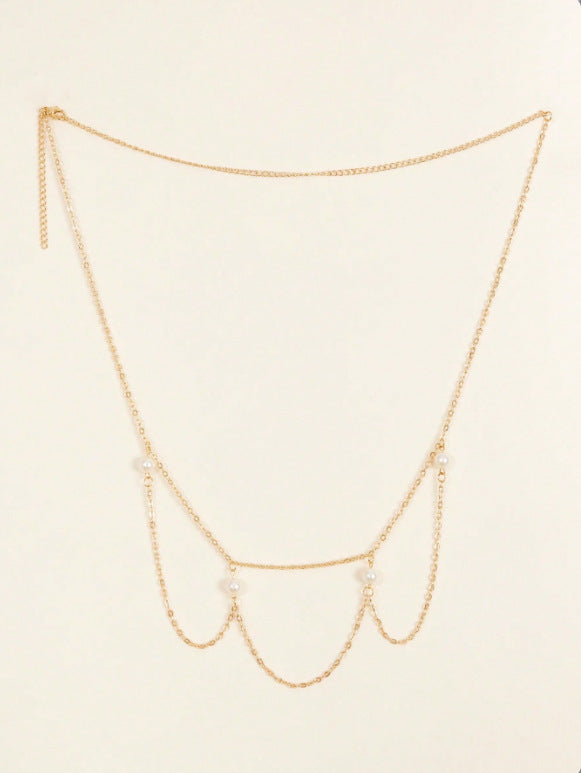 FB3370 2025 waist chain simple pearl joint cross wave fringe pendulum chain waist chain body chain