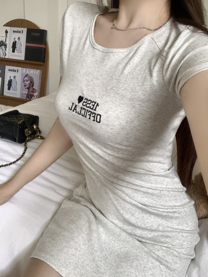Hot Girl Pure Desire Style Embroidered Letters Dress Women's 2025 Summer Slim Fit Slimming Sheath A- line Midi Dress