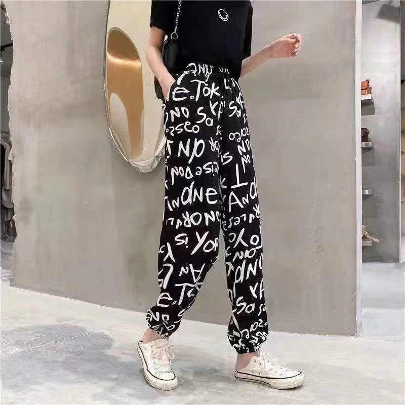 ZllKl Ice Silk Plaid Casual Pants Women's Summer Thin Cool Women's Lantern Pants Large Cropped Casual Harem Tappered Pants