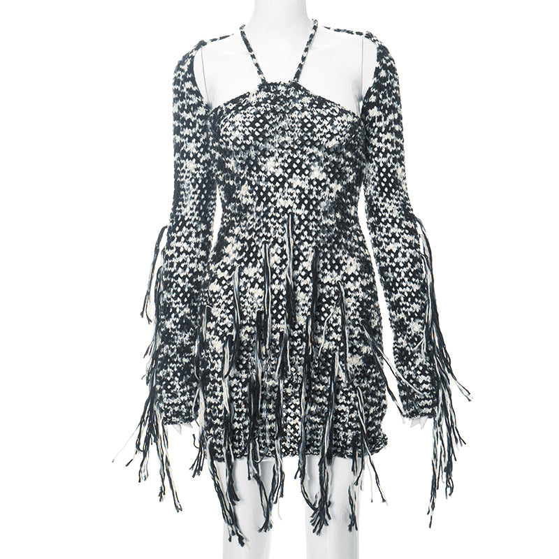 2025 K23DS590 women's clothing autumn new neck pullover splicing backless solid color hip-wrapped wool short dress