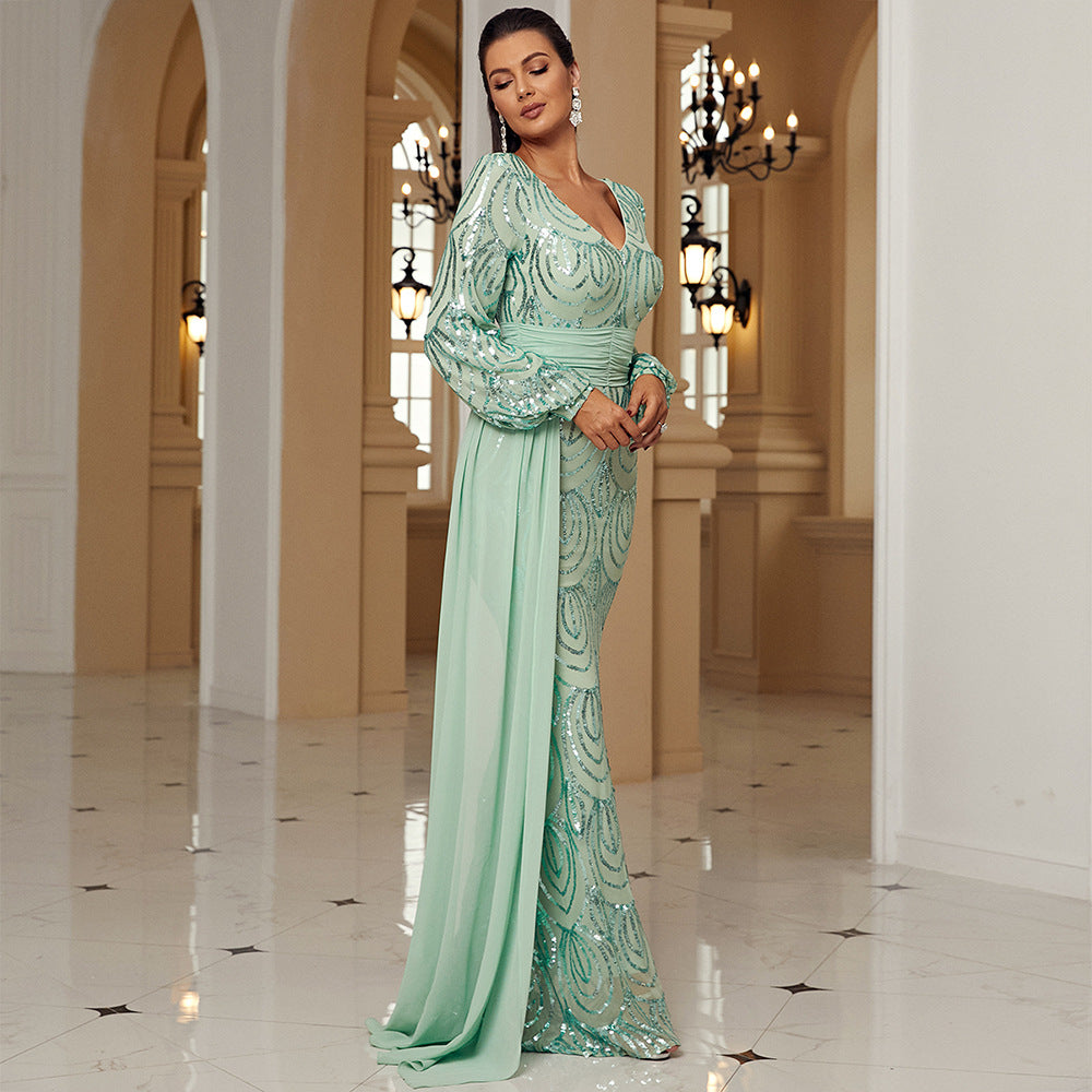 r 2025 temperament long-sleeved sexy long sequined V-neck banquet streamer evening dress bridesmaid dress women