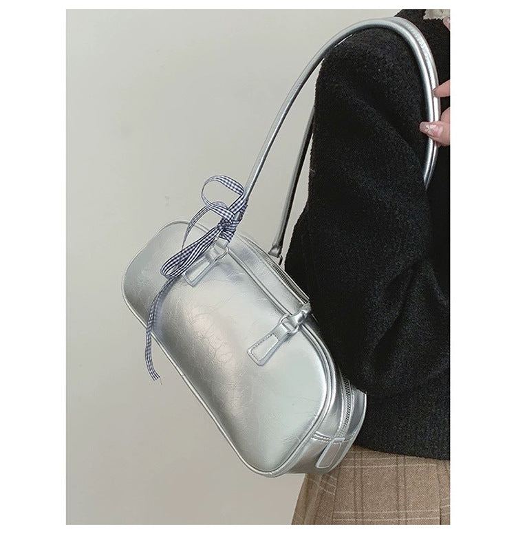 ZLLKL 2025 Korean version of niche ballet style Boston women's bag popular new fashionable versatile silver portable shoulder armpit bag