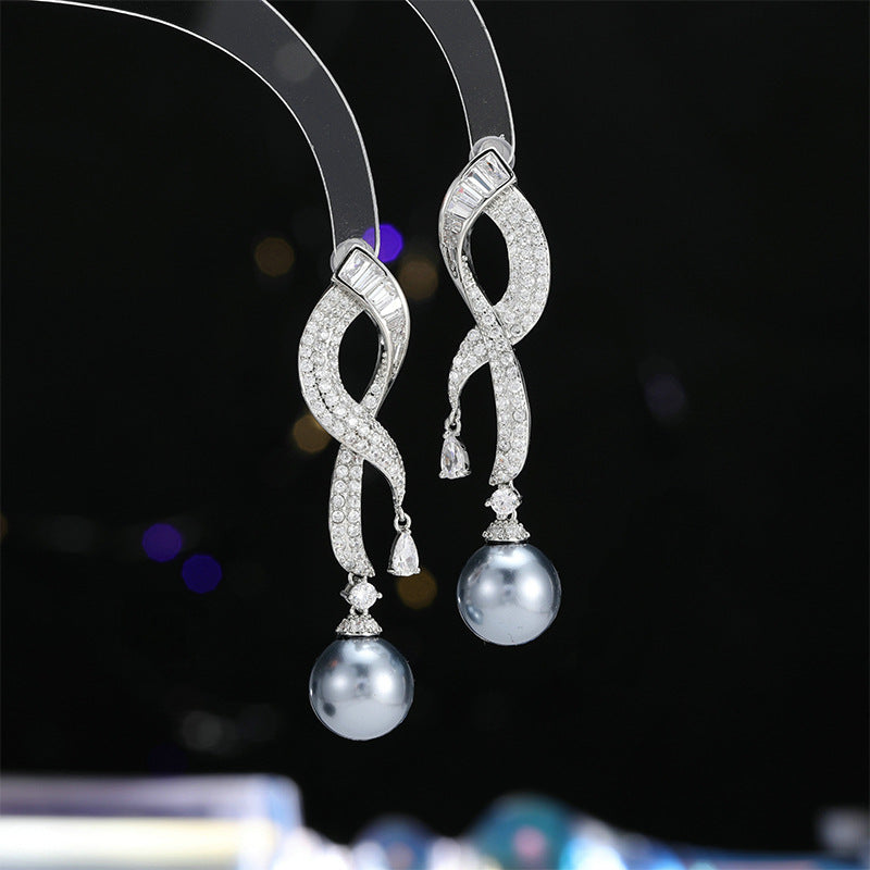 2025 High sense versatile fashion earrings women's simple temperament long zircon geometric pearl earrings s925 silver needle accessories